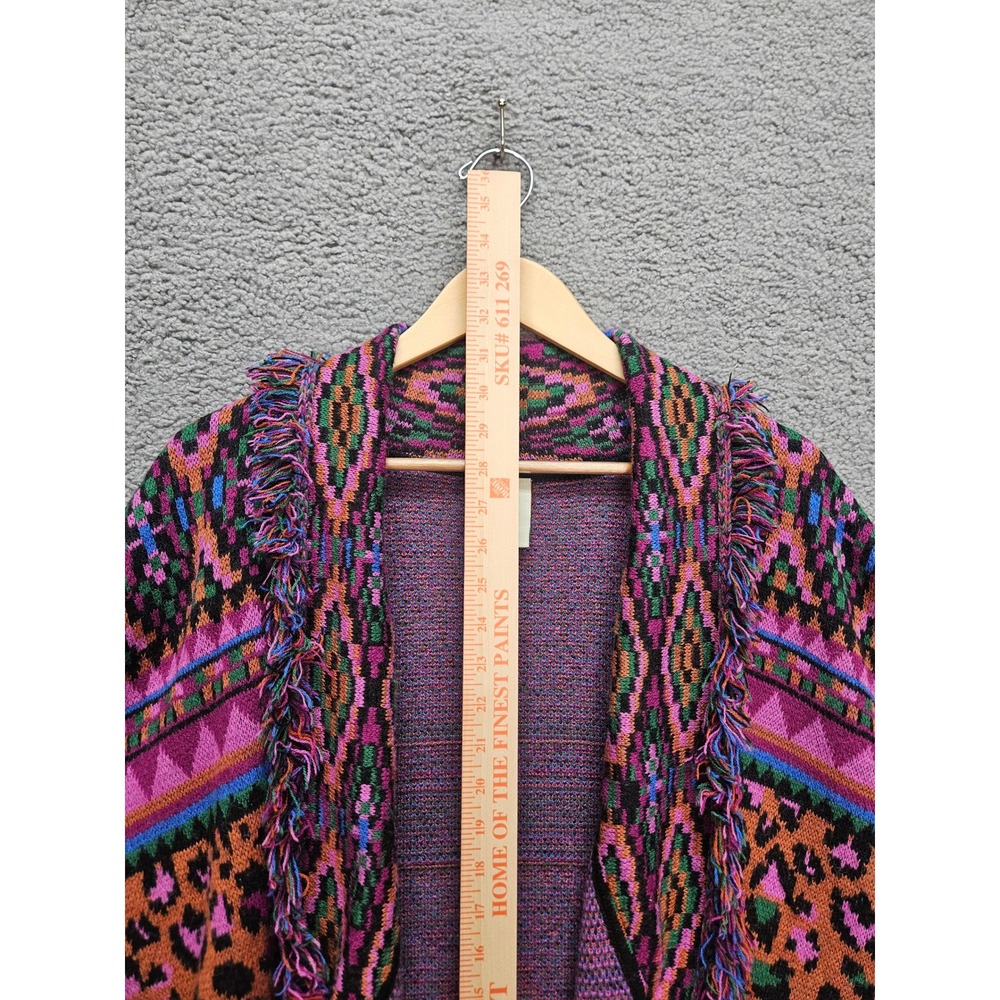 Farm Rio Cardigan Sweater M Multicolor Leopard Geometric Fringe Belted Boho - Picture 7 of 8